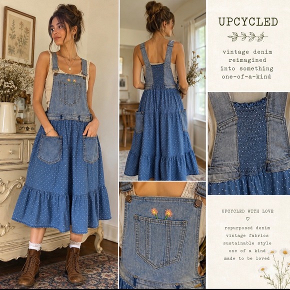 Handmade Dresses & Skirts - Upcycled Denim Prairie Overall Dress Cottagecore Boho Patchwork Midi Polka dot